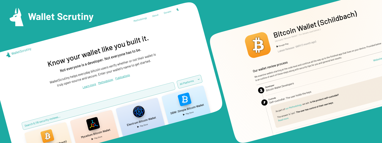 A banner image with two screenshots of the redesigned homepage including the homepage and the individual wallet review page.